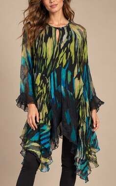 WHIM Womens Artsy Boho Sheer Chiffon Tunic Top S Black Green Asymetrical Ruffle